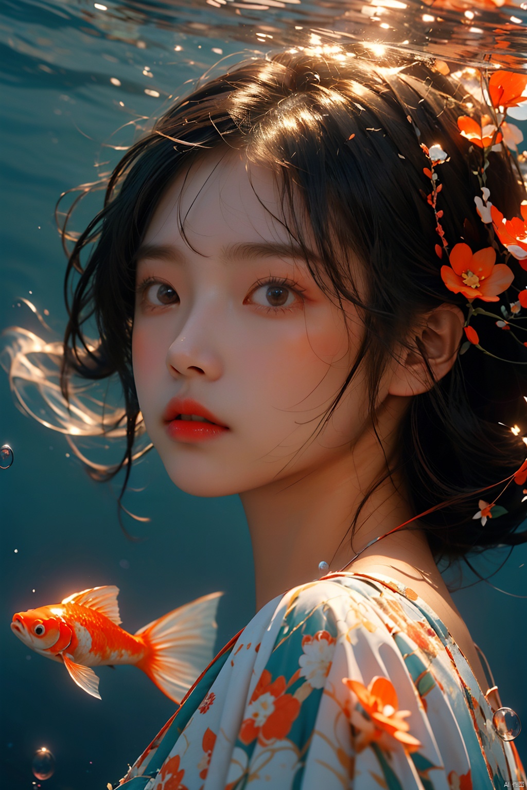   (\nian nian you yu\), 1girl, goldfish, looking at viewer, solo, black hair, bubble, air bubble, underwater, bangs, floating hair, portrait, floral print, hair flower, upper body, chinese clothes, ethereal dragon, (\long wang ga ma\), kongque,moyou
