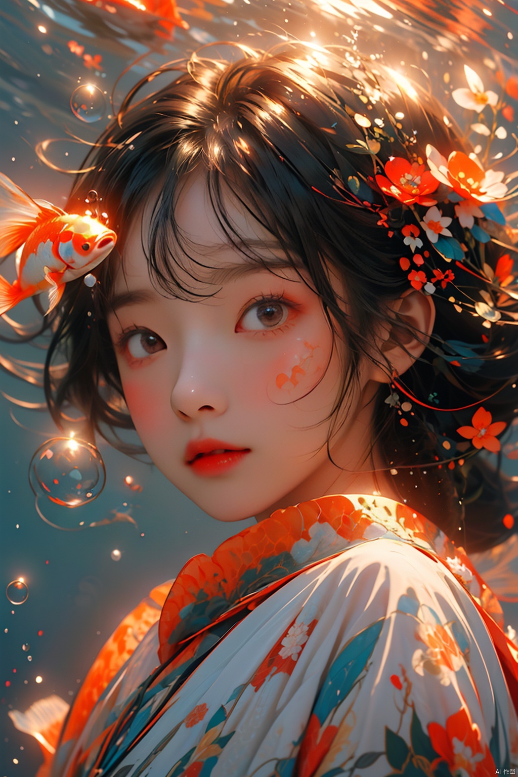   (\nian nian you yu\), 1girl, goldfish, looking at viewer, solo, black hair, bubble, air bubble, underwater, bangs, floating hair, portrait, floral print, hair flower, upper body, chinese clothes, ethereal dragon, (\long wang ga ma\), kongque,moyou
