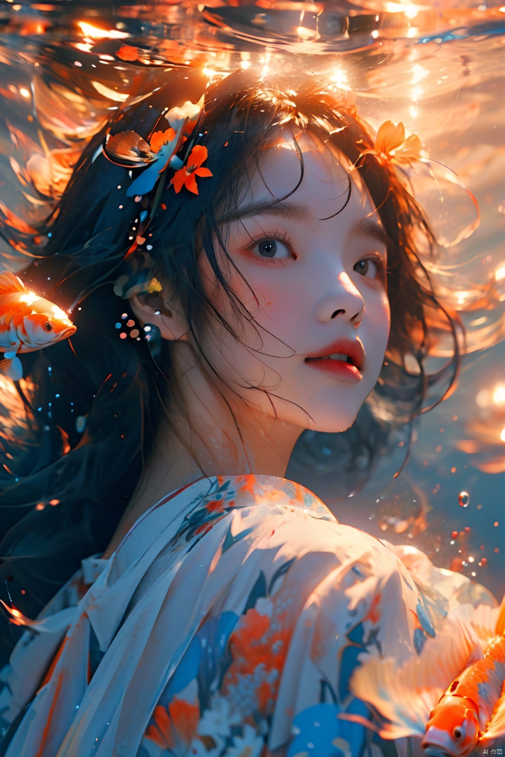   (\nian nian you yu\), 1girl, goldfish, looking at viewer, solo, black hair, bubble, air bubble, underwater, bangs, floating hair, portrait, floral print, hair flower, upper body, chinese clothes,