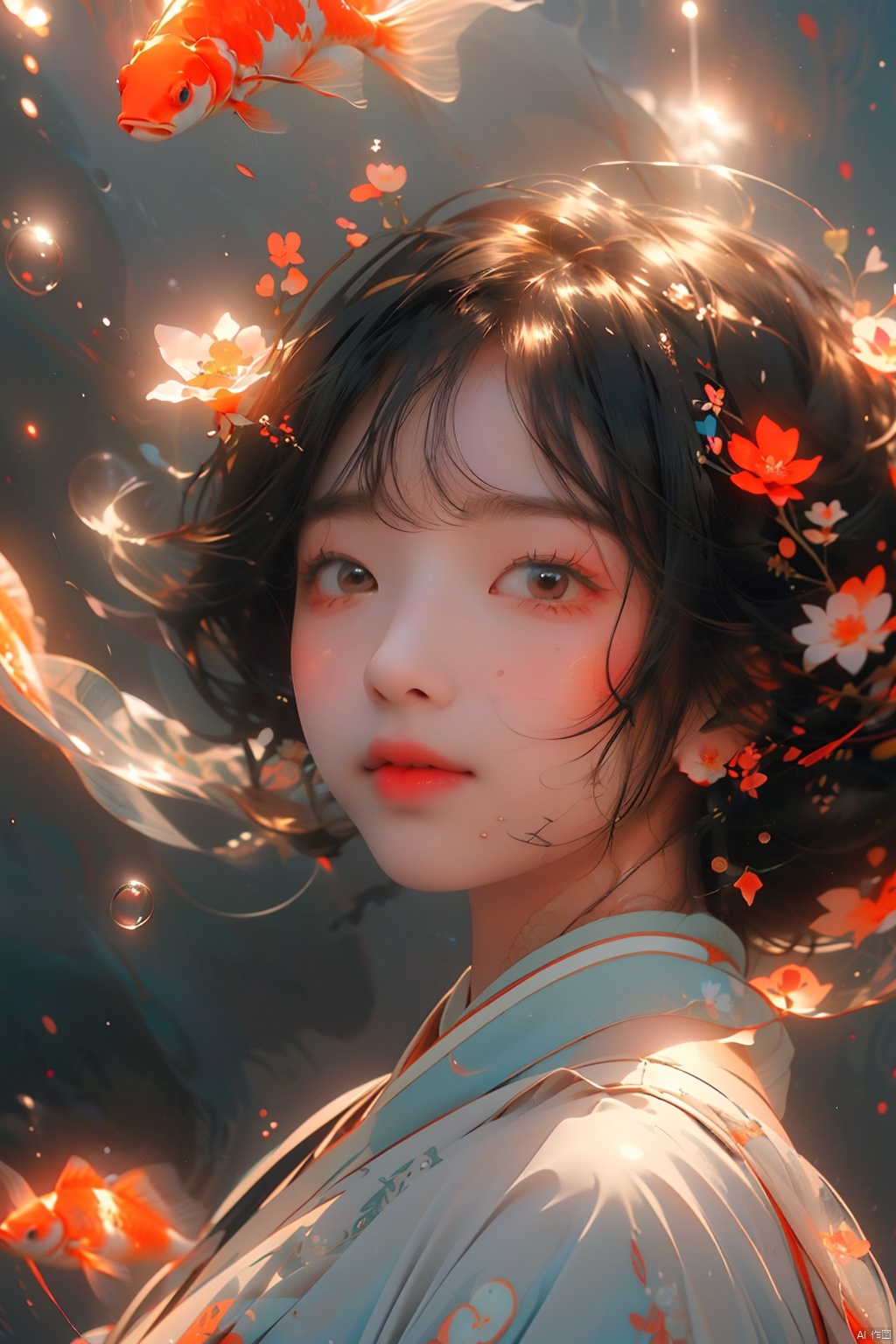   (\nian nian you yu\), 1girl, goldfish, looking at viewer, solo, black hair, bubble, air bubble, underwater, bangs, floating hair, portrait, floral print, hair flower, upper body, chinese clothes, ethereal dragon, (\long wang ga ma\), kongque,moyou, ((poakl)), backlight, white pantyhose