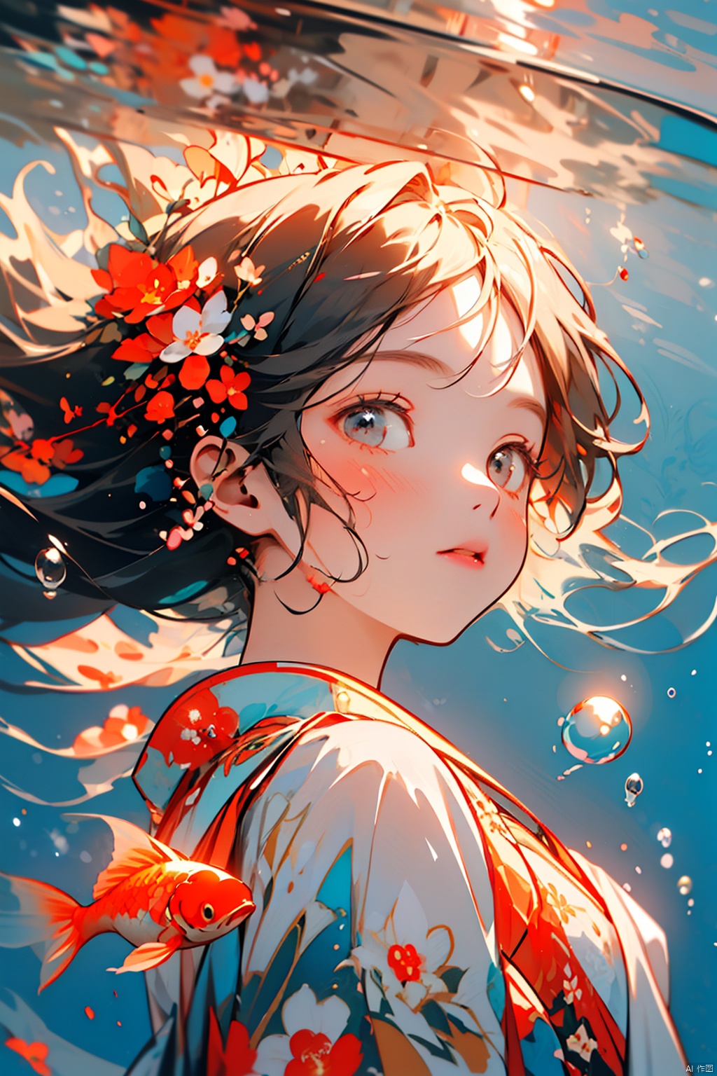   (\nian nian you yu\), 1girl, goldfish, looking at viewer, solo, black hair, bubble, air bubble, underwater, bangs, floating hair, portrait, floral print, hair flower, upper body, chinese clothes, ethereal dragon, (\long wang ga ma\), kongque,moyou
