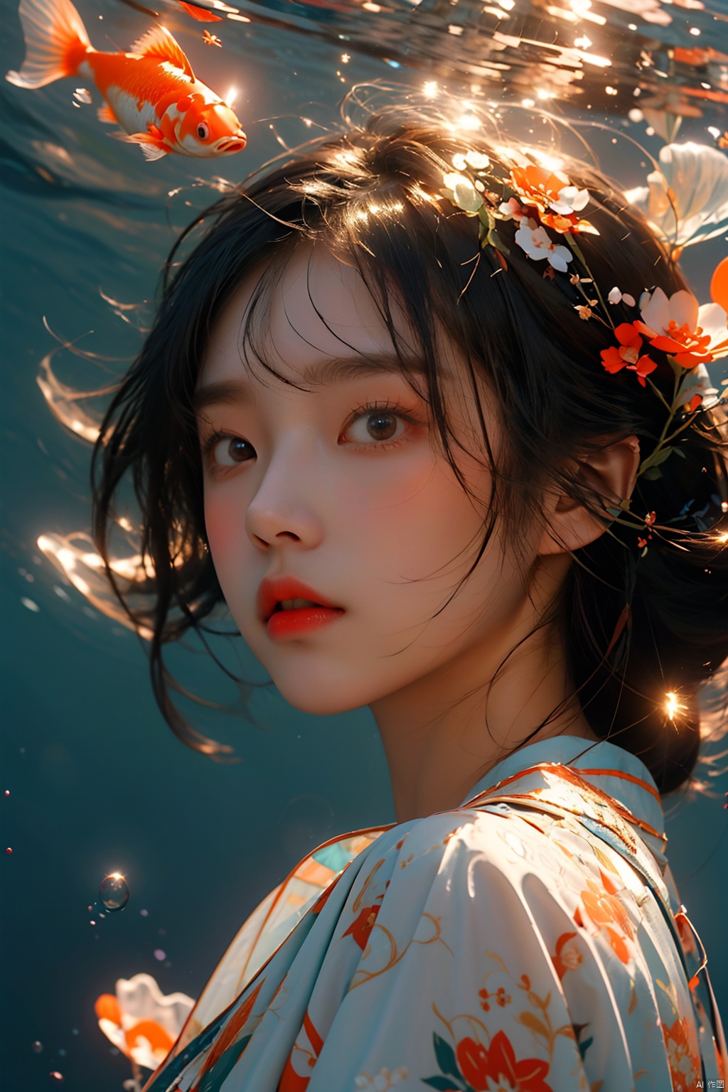   (\nian nian you yu\), 1girl, goldfish, looking at viewer, solo, black hair, bubble, air bubble, underwater, bangs, floating hair, portrait, floral print, hair flower, upper body, chinese clothes, ethereal dragon, (\long wang ga ma\), kongque,moyou