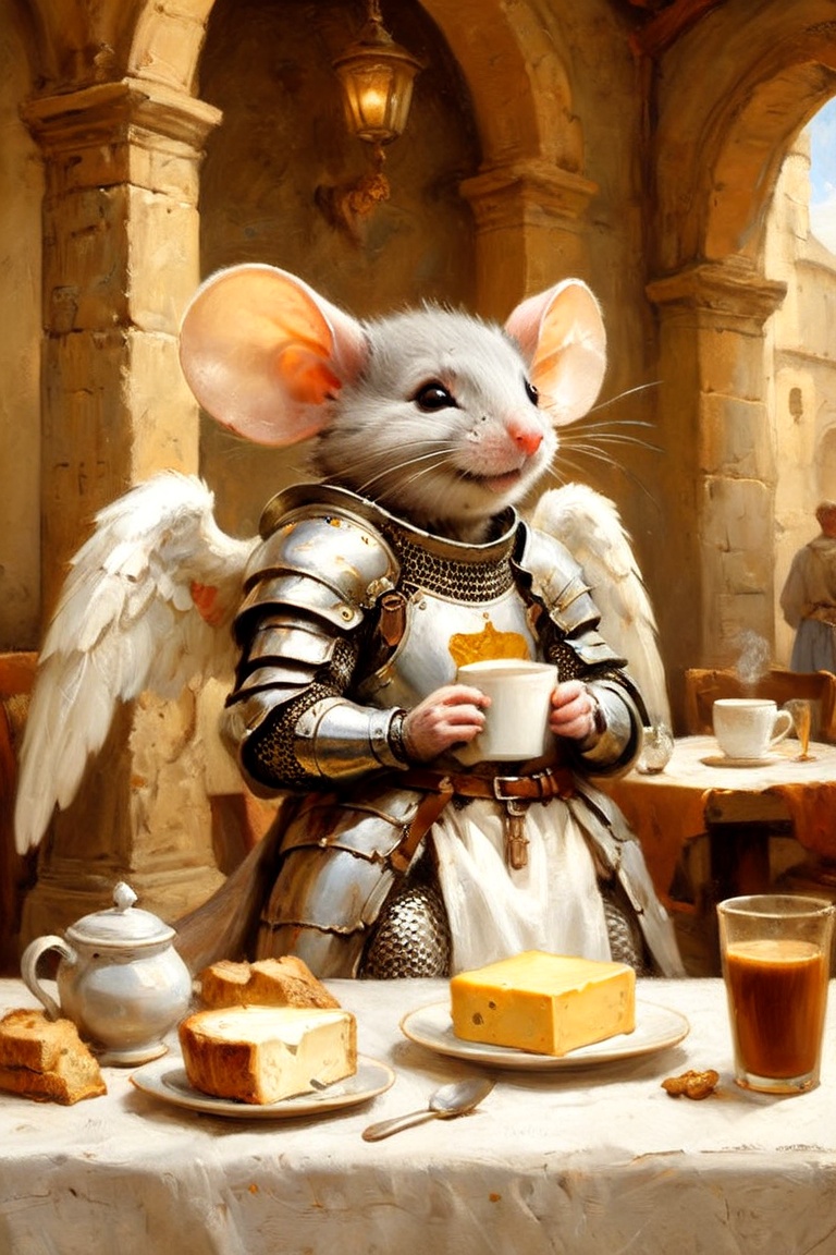 relaxed thankful mouse with cheese as Angel,  drinking coffee in an ancient cafe,  dressed in Elegant Angelic Age armour o...