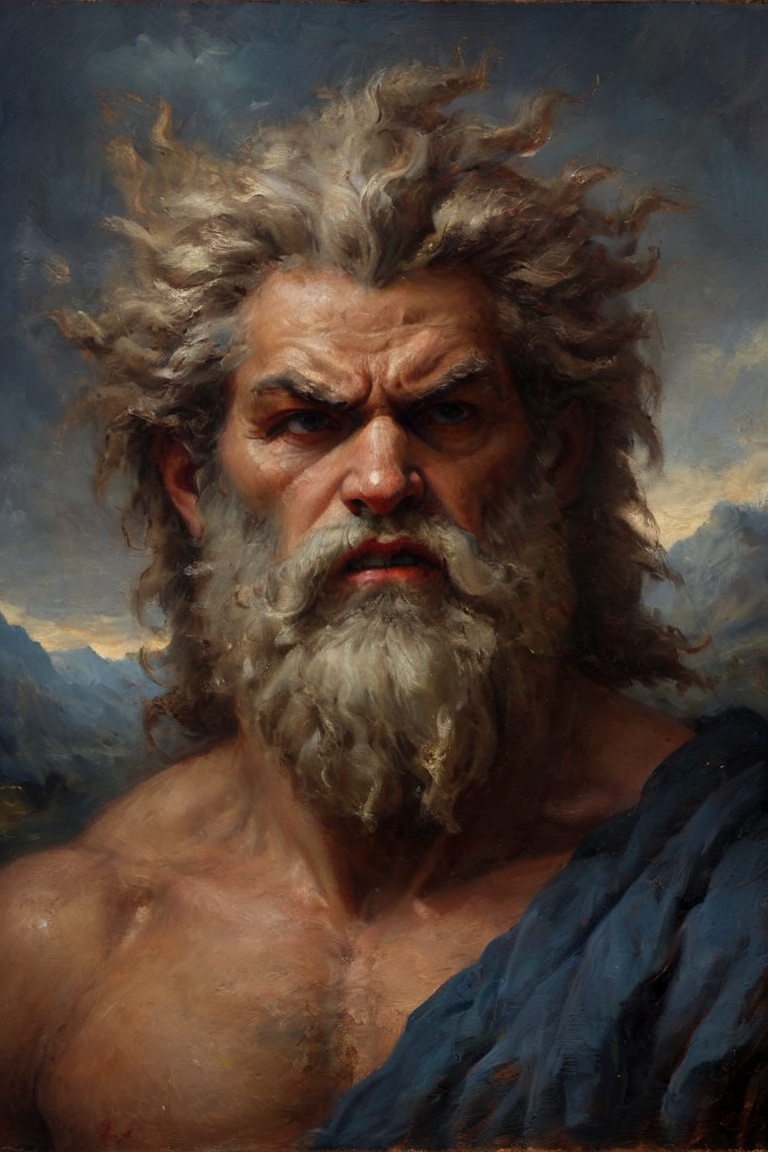 angry zeus,  anthropomorphic with a face,  oil painting on Tensor.Art