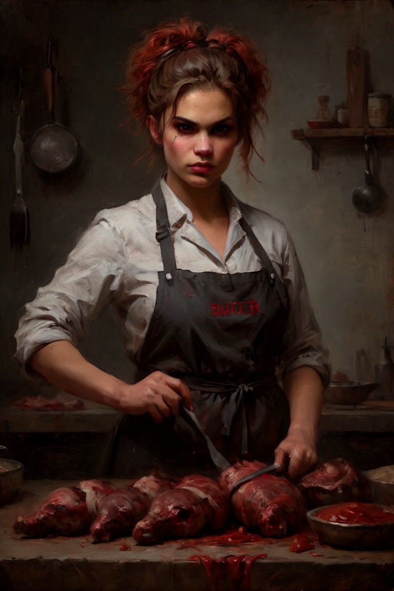 Seductive Female Butcher,  her hair is Chestnut on Tensor.Art