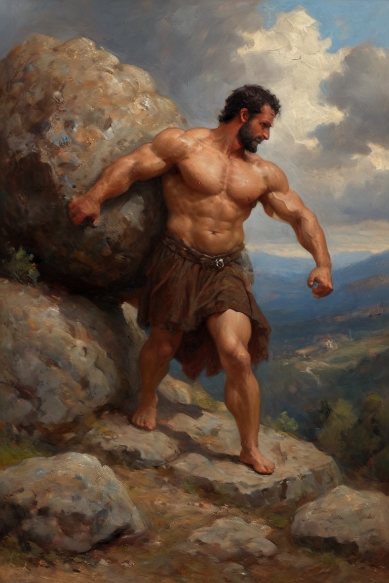 in Contemporary Tunic,  hercules pushing huge rock uphill,  Tiny on Tensor.Art