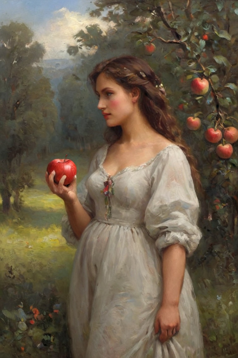 Fantasy eve in eden,  she is holding a single apple,  oil painting on Tensor.Art