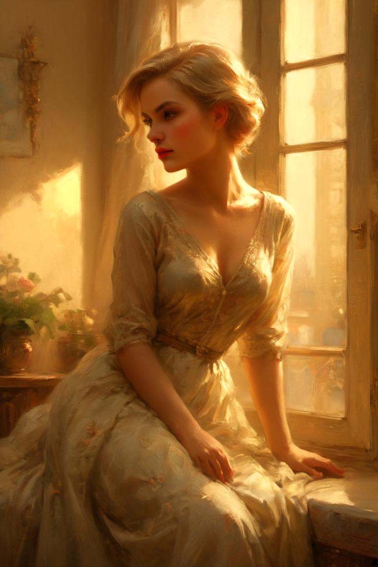 seductive female pixie sitting at the window with ,  it is Cleaning an apartment,  Grace Kelly in the style of ilya kuvshi...