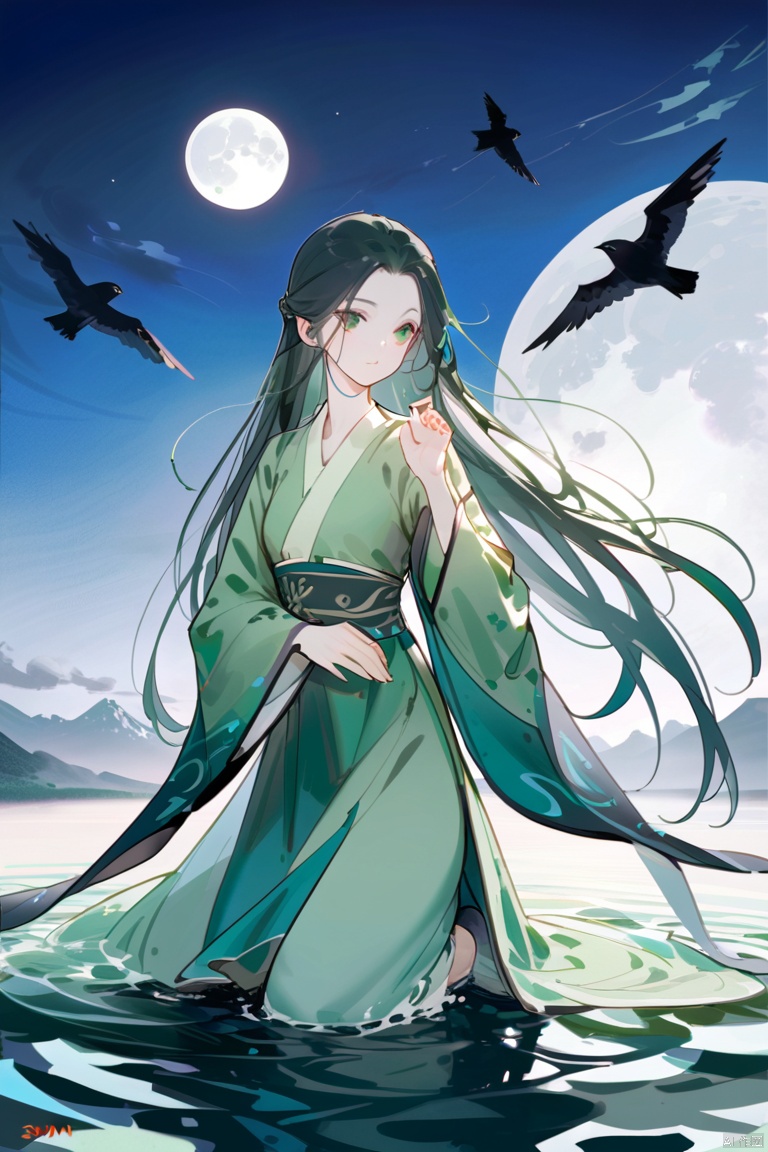  1 girl,green hanfu, (moon), moonlight, water surface, long hair, windy,The crow in the air, sdmai