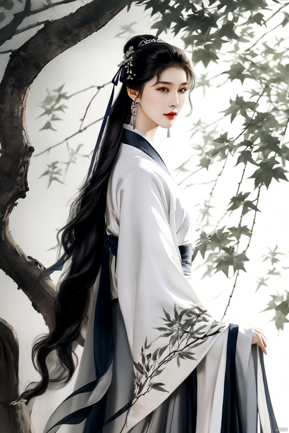  Fashion editorial style a asian girl with hanfu ruqun,Jin style, joint brand, ribbon, Withered leaves, old vines, plant illustration, splash ink,High fashion, trendy, stylish, editorial, magazine style, professional, highly detailed, cinematic lighting, Dramatic lighting, concept art, TIANQIJI