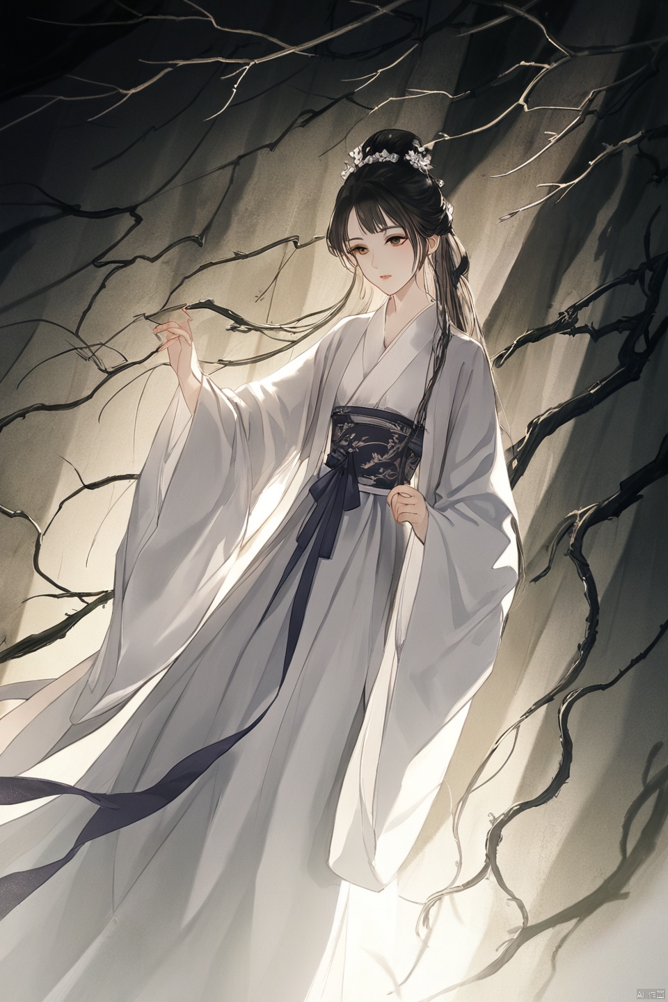  Fashion editorial style a asian girl with hanfu ruqun,Jin style, joint brand, ribbon, Withered leaves, old vines, plant illustration, splash ink,High fashion, trendy, stylish, editorial, magazine style, professional, highly detailed, cinematic lighting, Dramatic lighting, concept art