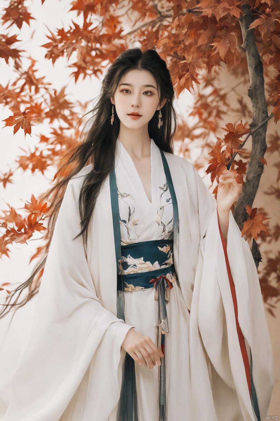  Fashion editorial style a asian girl with hanfu ruqun,Jin style, joint brand, ribbon, Withered leaves, old vines, plant illustration, splash ink,High fashion, trendy, stylish, editorial, magazine style, professional, highly detailed, cinematic lighting, Dramatic lighting