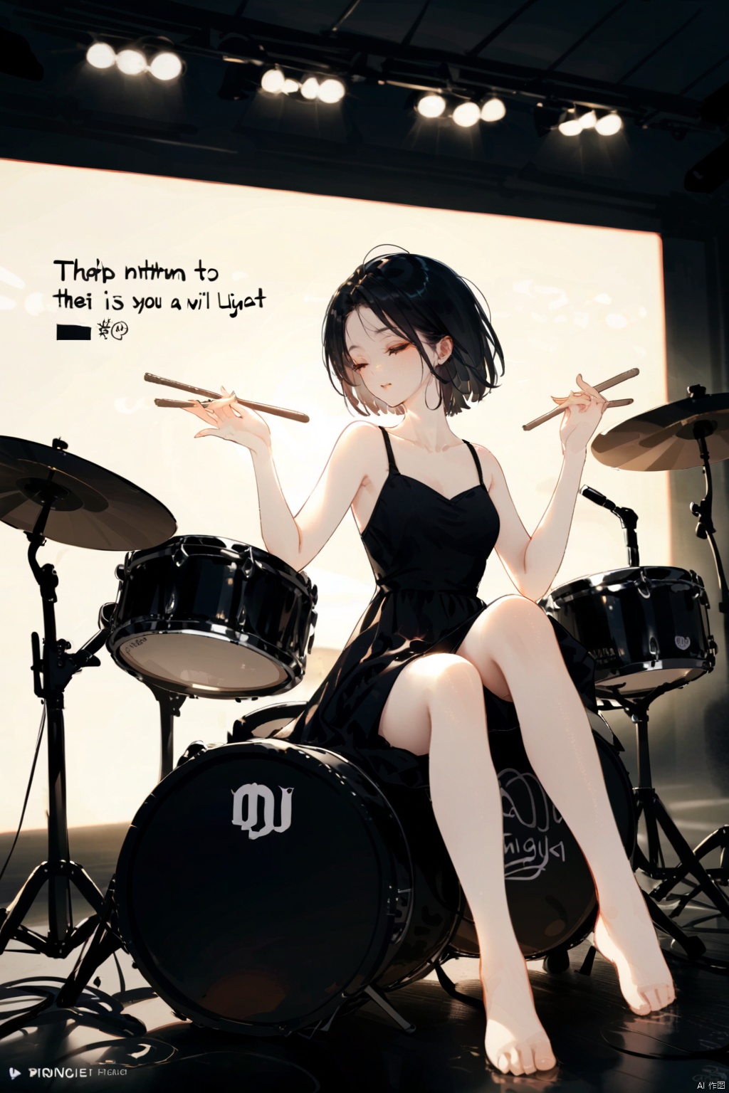  1girl, solo, short hair, black hair, dress, holding, bare shoulders, sitting, closed eyes, barefoot, water, black dress, english text, instrument, playing instrument, drum, drumsticks, drum set, backlight, colors