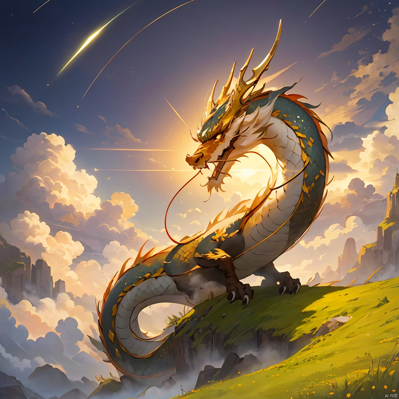  dragon,

days, cloudy, stars, in a meadow, the top of the hill,