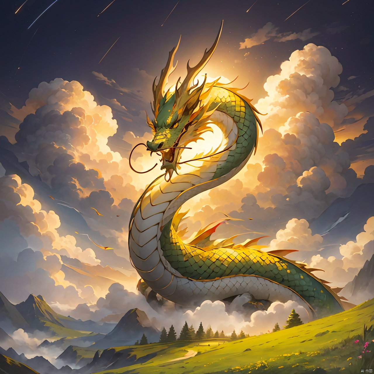  dragon,

days, cloudy, stars, in a meadow, the top of the hill,