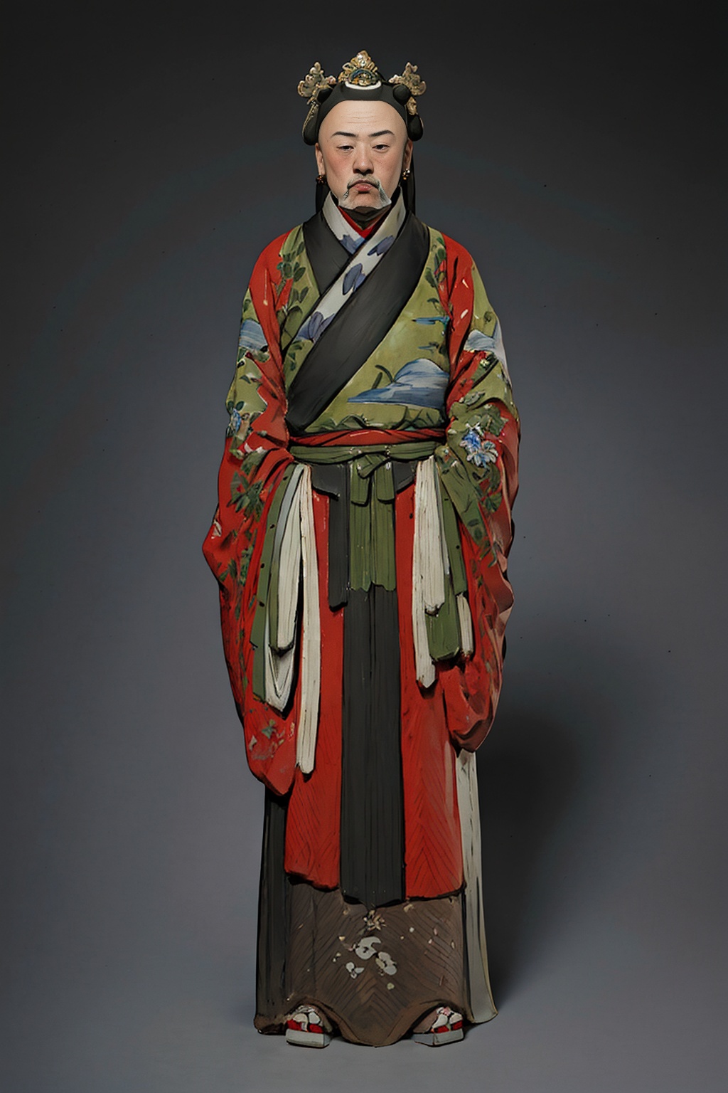 1boy,armor,baozi,chinese clothes,clay sculpture,earrings,facial hair,full body,gradient background,grey background,hanfu,holding,kp,long sleeves,male focus,music,robe,sandals,sash,simple background,sleeves past fingers,sleeves past wrists,solo,standing,traditional media ,<lora:kp_泥塑V2:0.8>, kp,clay sculpture,, masterpiece, best quality,
