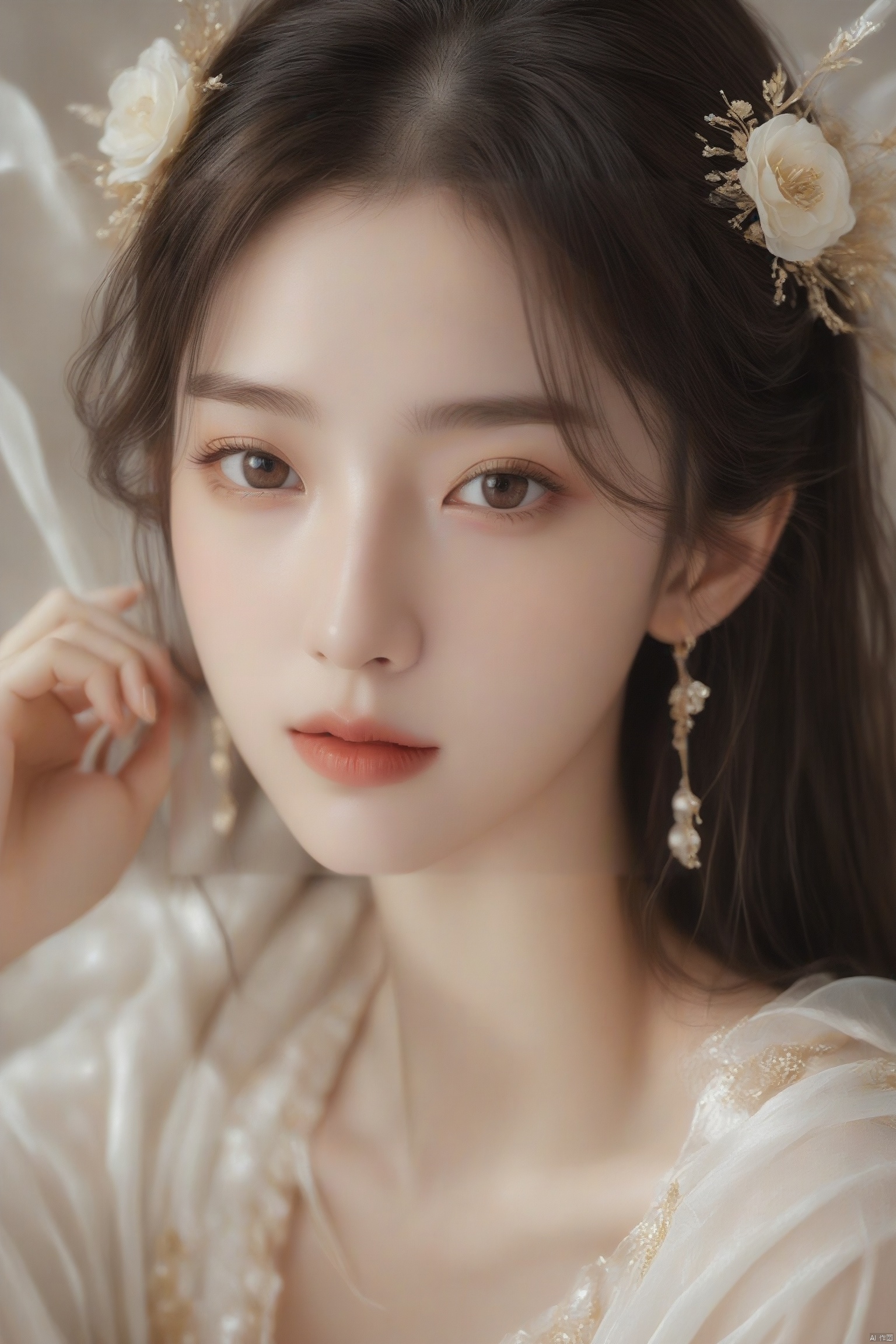 realistic,  1girl,  Duobian,  delicate and touching,  beautiful and moving,  in the style of white color and light gold,  smirk,  bright and brave