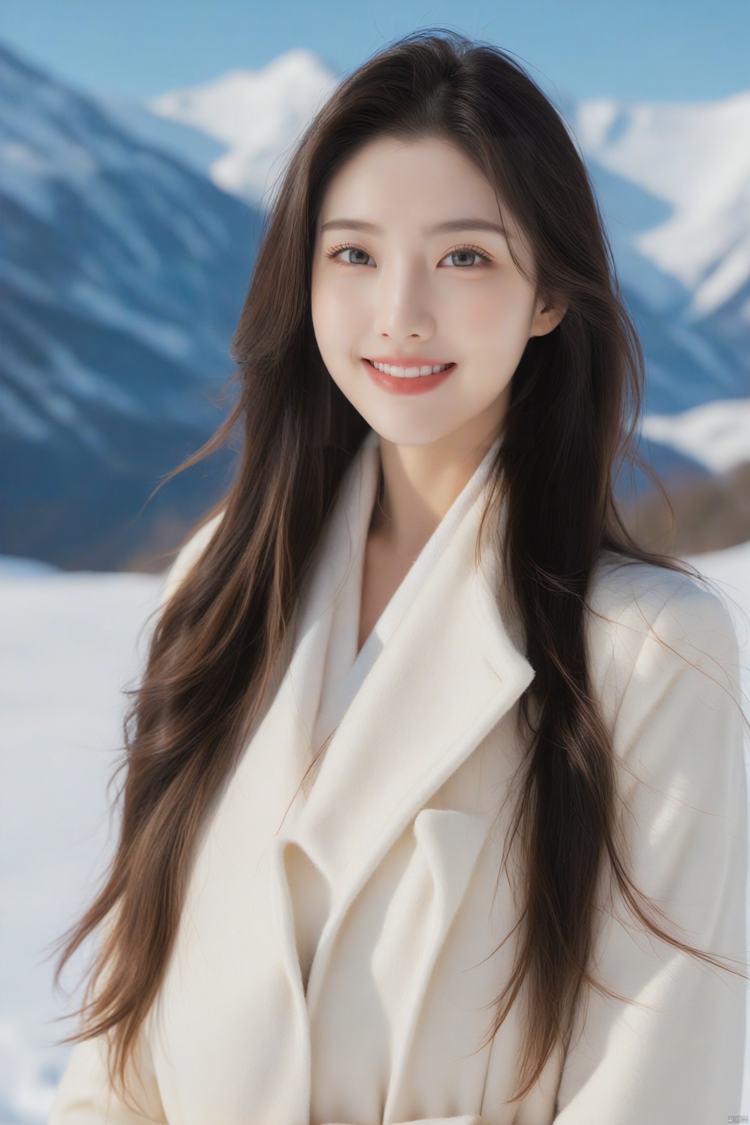 A beautiful woman,  delicate features,  a smile,  long hair,  wearing a white wool coat and jeans,  standing in the snow,  snow mountain background,<lora:EMS-98004-EMS:0.800000>
