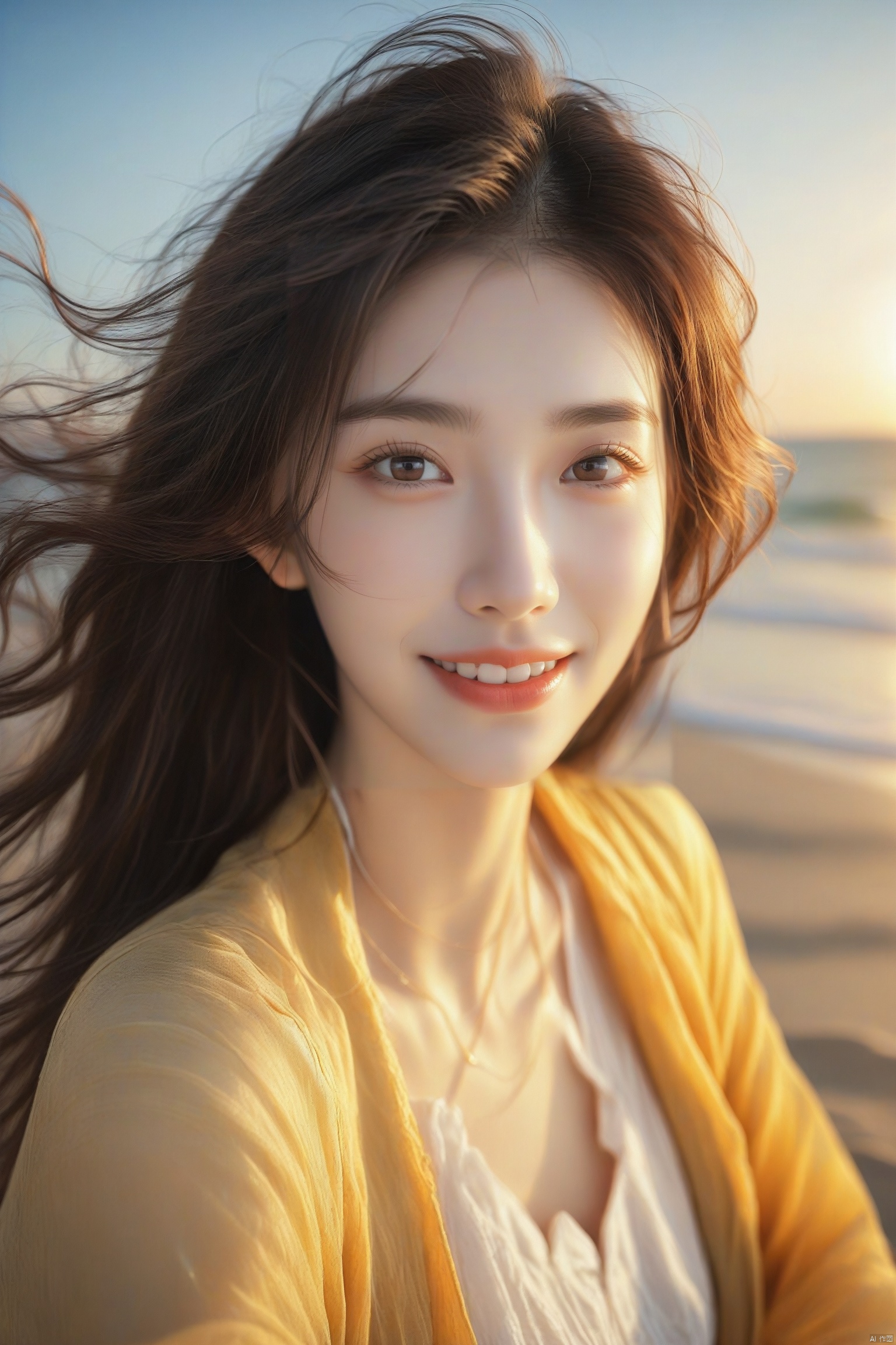 realistic,  smile, 1girl, a woman takes a fisheye selfie on a beach at sunset,  the wind blowing through her messy hair. The sea stretches out behind her,  creating a stunning aesthetic and atmosphere with a rating of 1.2.,<lora:EMS-98004-EMS:0.800000>