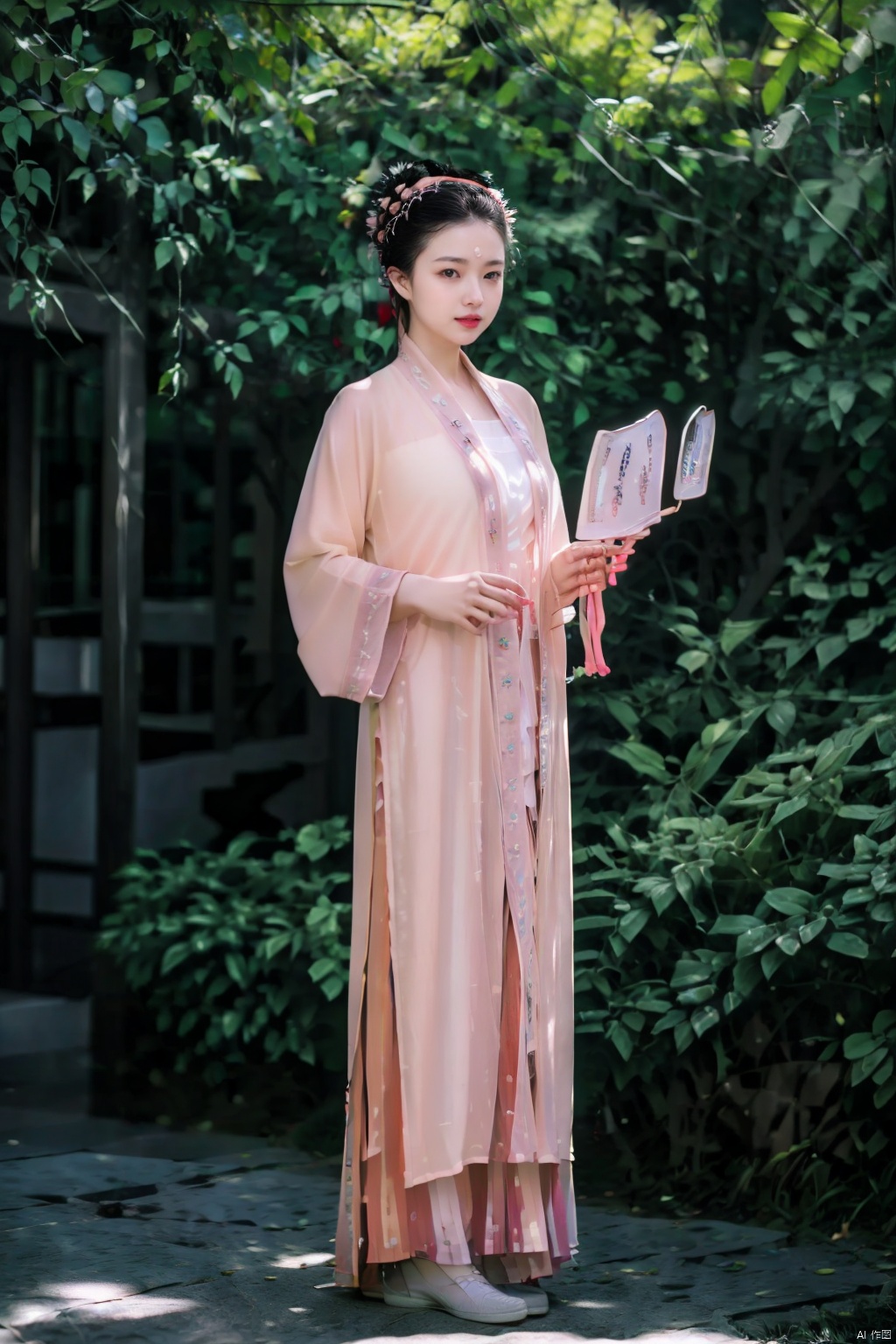 (1girl:1.3), (best quality, masterpiece, ultra high resolution),(photorealistic:1.3), (realistic:1.3), depth of field,(full body:1.2), (day:1.2), (cinematic lighting:1.2), hanfu