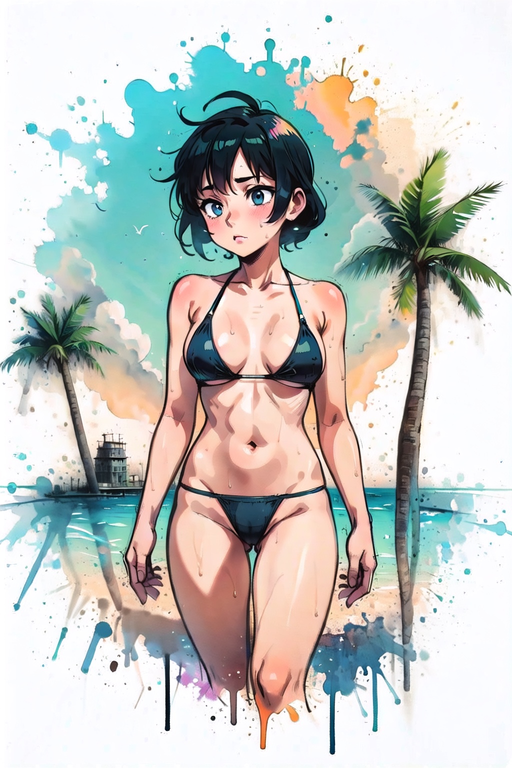 1girl,  black bikini,  beach on Tensor.Art