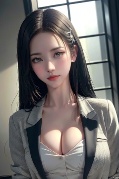 (ultra realistic 8k cg,raw photo:1.0),(photorealistic:0.5),(best quality:1.3),(masterpiece:1.3),ultra realistic details,extremely details,sharp focus,high res,(((far shot,wide shot,vanishing point))),1girl,(disgust:1.2,shaded_face,glare, sadist,shadow_over_eyes, glaring, looking down at the viewer:1.3),(conservative),((wear school uniform coat like black suit)),(black necktie), (black trousers),Complete business shirt, (white business suit), collared business shirt, red_lips,(black suit),makeup,picture-perfect detail face, extremely detailed eyes,(black eyes), ((looking at viewer)),brown hair,long hair, ribbon,hair ribbon,sexy,large breasts,(cleavage:1.3), lips,night,