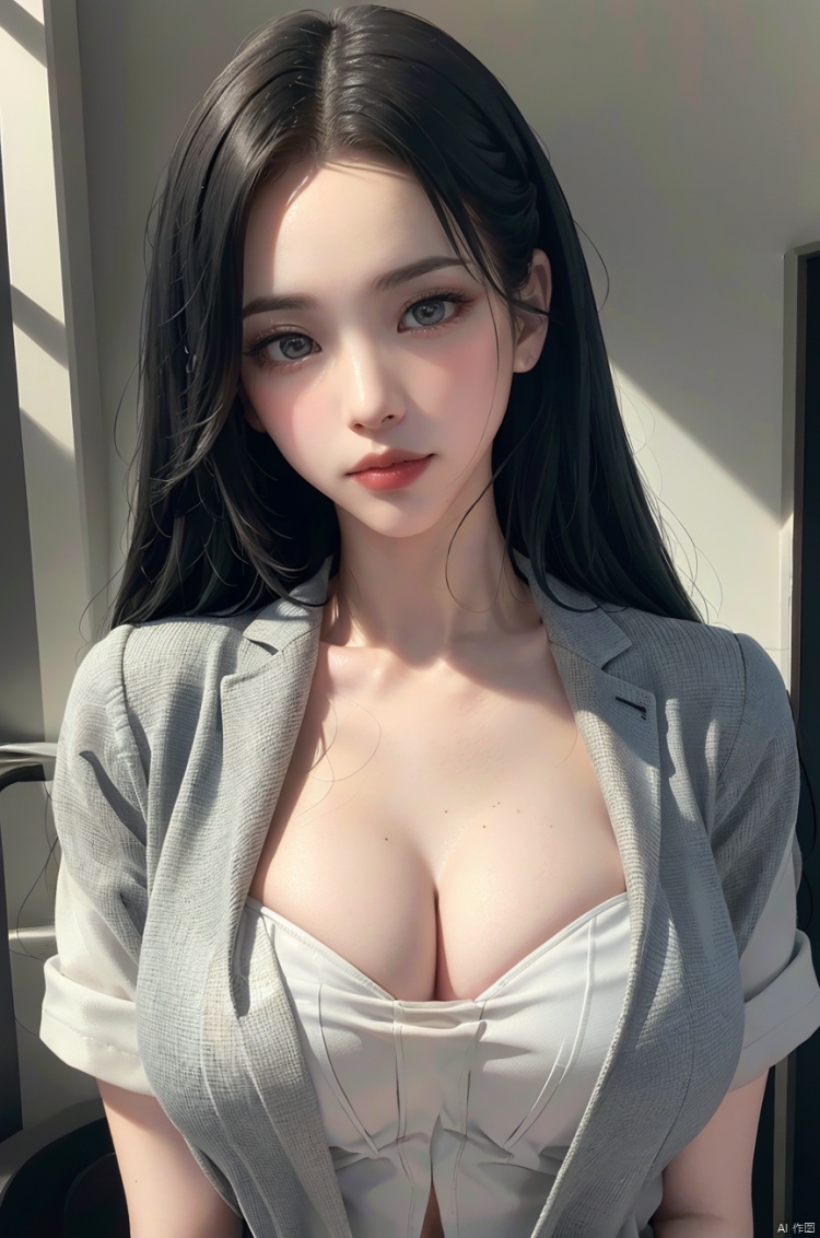 (ultra realistic 8k cg,raw photo:1.0),(photorealistic:0.5),(best quality:1.3),(masterpiece:1.3),ultra realistic details,extremely details,sharp focus,high res,(((far shot,wide shot,vanishing point))),1girl,(disgust:1.2,shaded_face,glare, sadist,shadow_over_eyes, glaring, looking down at the viewer:1.3),(conservative),((wear school uniform coat like black suit)),(black necktie), (black trousers),Complete business shirt, (white business suit), collared business shirt, red_lips,(black suit),makeup,picture-perfect detail face, extremely detailed eyes,(black eyes), ((looking at viewer)),brown hair,long hair, ribbon,hair ribbon,sexy,large breasts,(cleavage:1.3), lips,night,