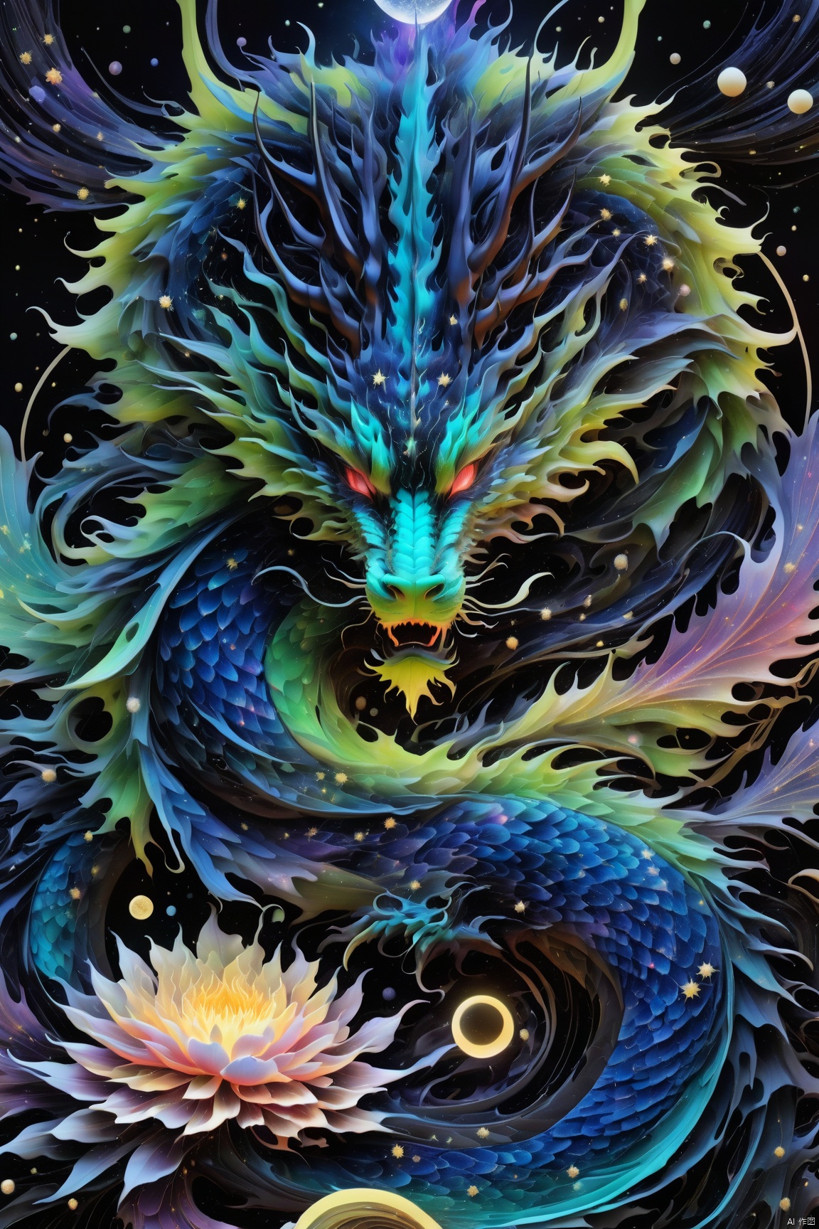  （The mythical Chinese dragon：1.24）,epic, black, neon green, blue, thin lines, x-ray effect, threads, fairytale landscape, hyperrealism, micro-details, surreal, detailing, transparent watercolor+ink, pastel shades, clear outline, stardust, incredible beautiful landscape, dark botanical,dark fantasy,multicolor,multilayer, 3d, threads, fibers, engraving, color illustration, star map, moon, volumetric, unusual fluffy flowers, anhei