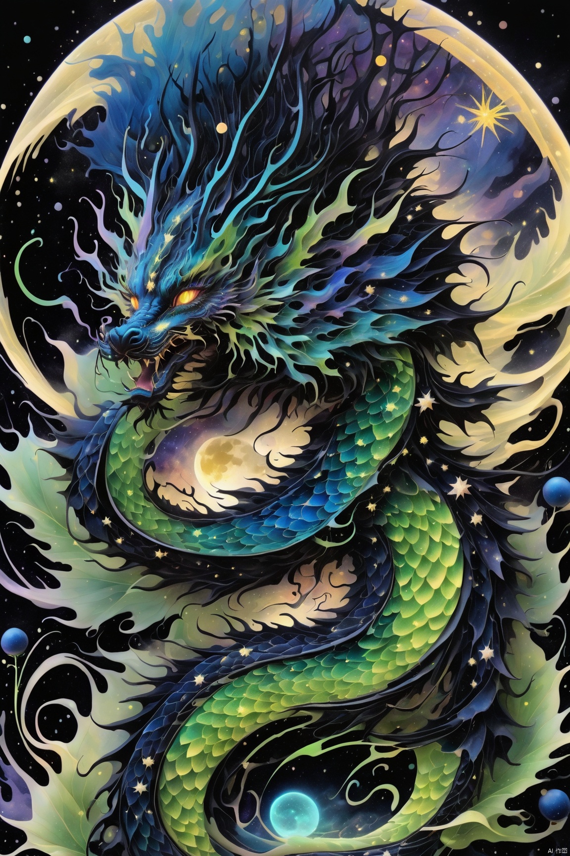  （The mythical Chinese dragon：1.24）,epic, black, neon green, blue, thin lines, x-ray effect, threads, fairytale landscape, hyperrealism, micro-details, surreal, detailing, transparent watercolor+ink, pastel shades, clear outline, stardust, incredible beautiful landscape, dark botanical,dark fantasy,multicolor,multilayer, 3d, threads, fibers, engraving, color illustration, star map, moon, volumetric, unusual fluffy flowers, anhei