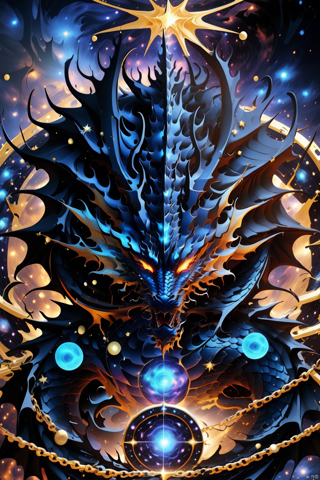 ,Dark ink version of Evil Dragon King, through black holes, illegal use of digital encryption technology, disrupt the digital realm of the universe and once, cross-chain information, digital currency, dark beam particles, (star vortex, star River, star ring :1.25), ultra HD, super detail, epic shock, visual art, surreal, BJ_Sacred_beast