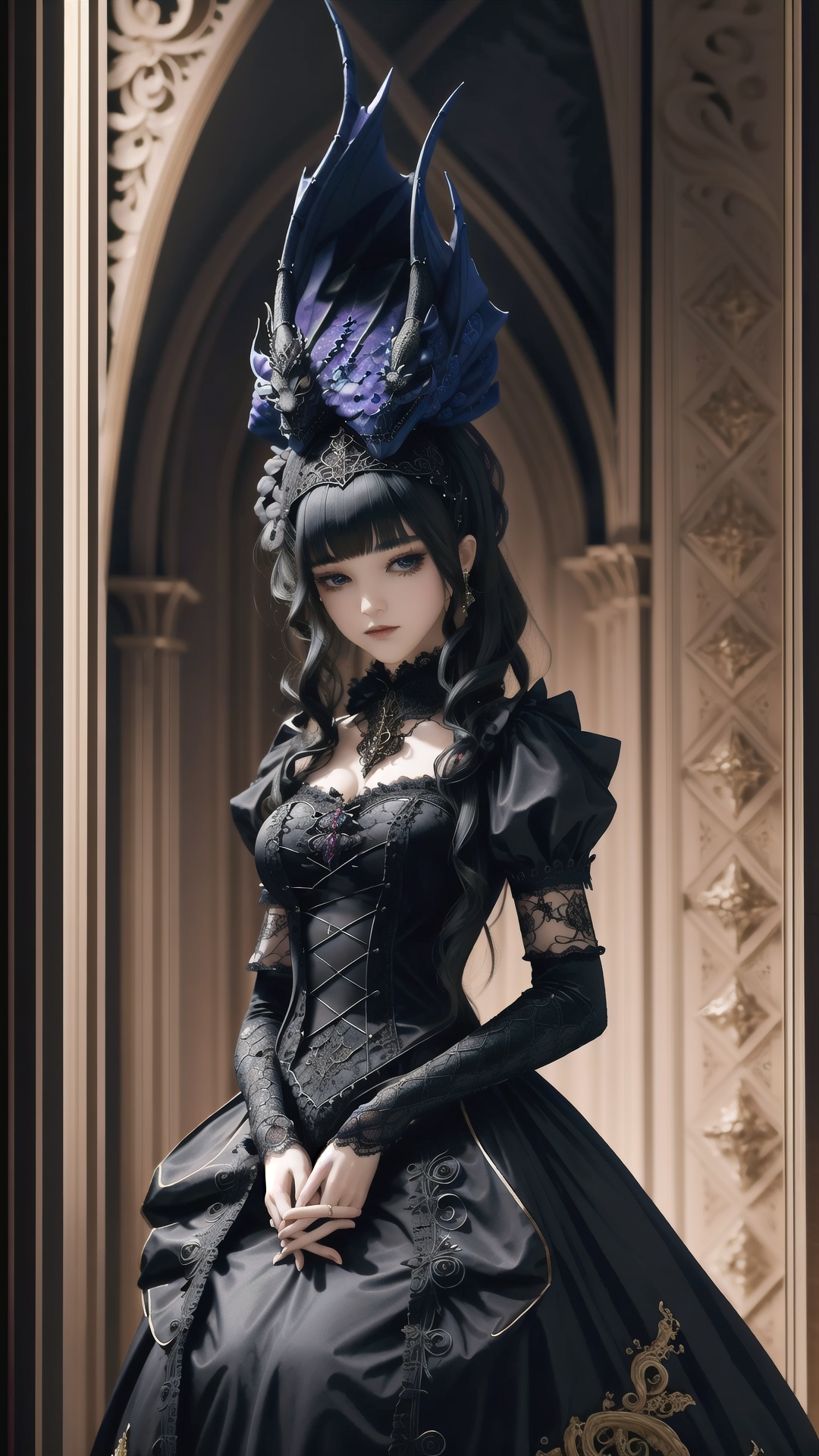 A dragon,  adorned in a fusion of Renaissance European noble fashion and modern Gothic Lolita attire,  wearing intricate r...