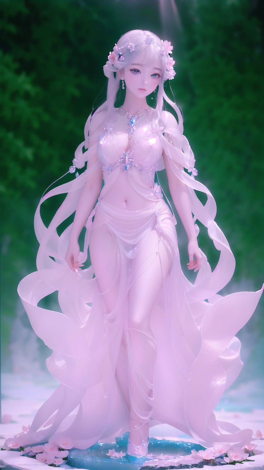 Picture a delicate maiden with a body sculpted from the purest crystal,  Peach blossom eye,  Depth and Dimension in the Pu...