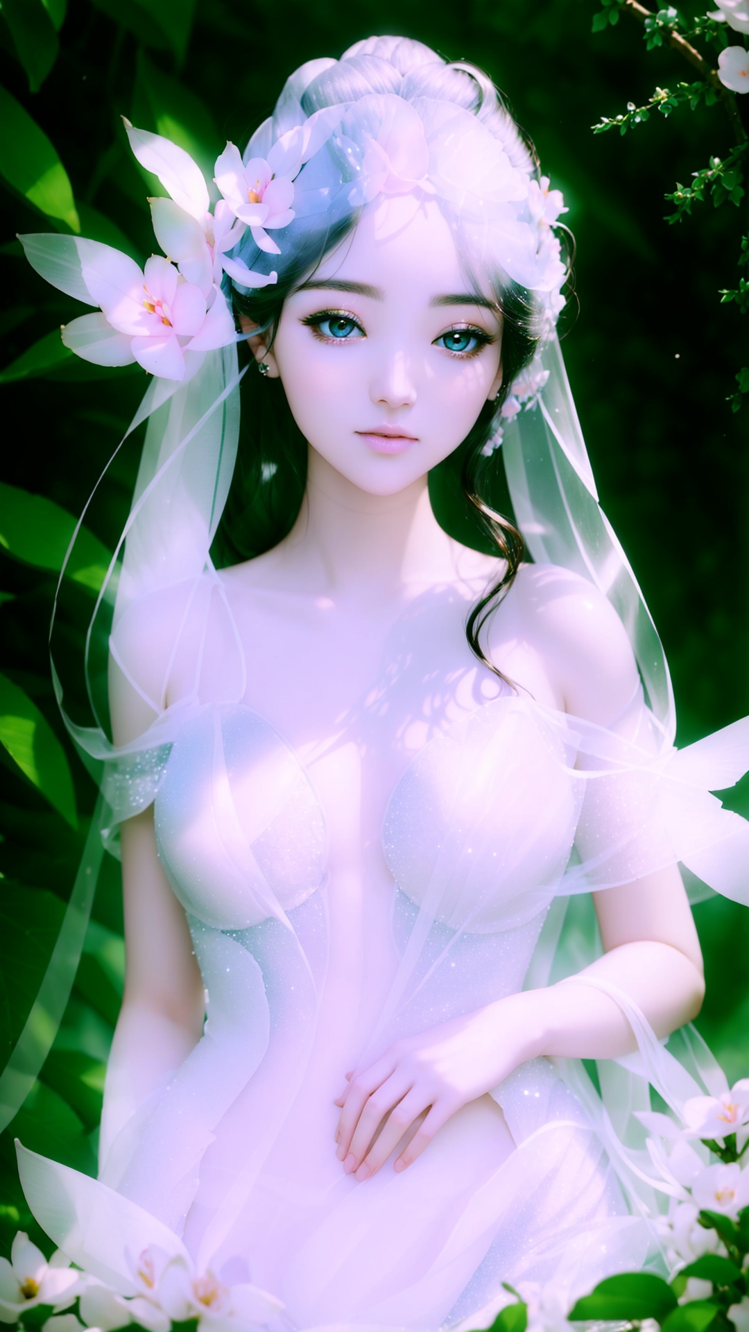 Picture a delicate maiden with a body sculpted from the purest crystal,  Peach blossom eye,  Depth and Dimension in the Pu...