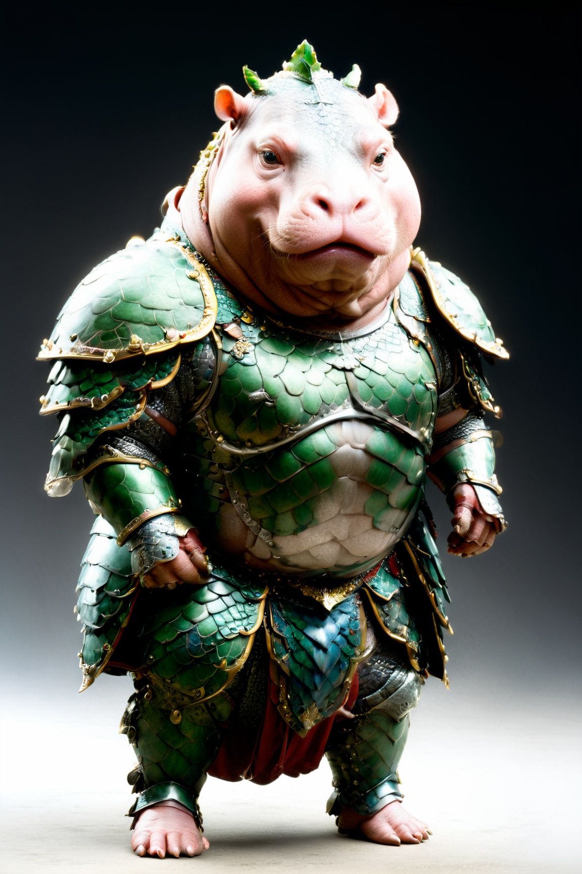 photorealistic portrait of Dressed animals - a fat baby hippo warrior,  ( dynamic action pose),  high quality on Tensor.Art