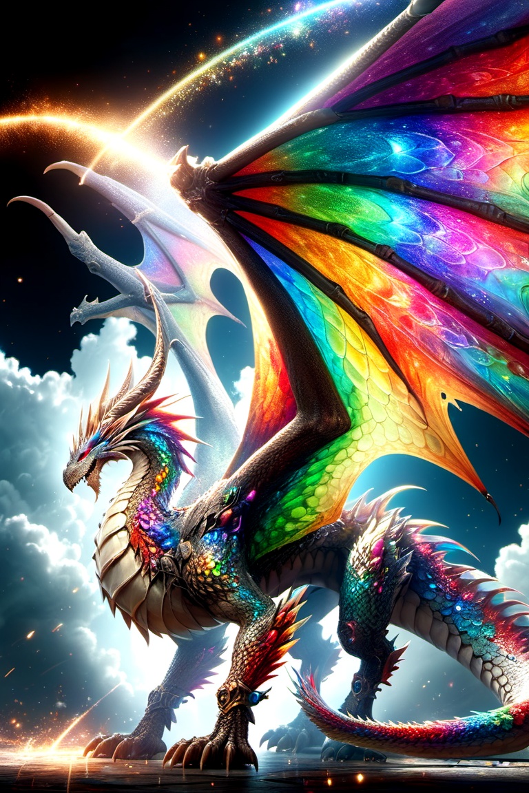 RainbowDragon,  The dragon soars in the sky and looks down on the ground,  its majestic appearance makes people fearful on...