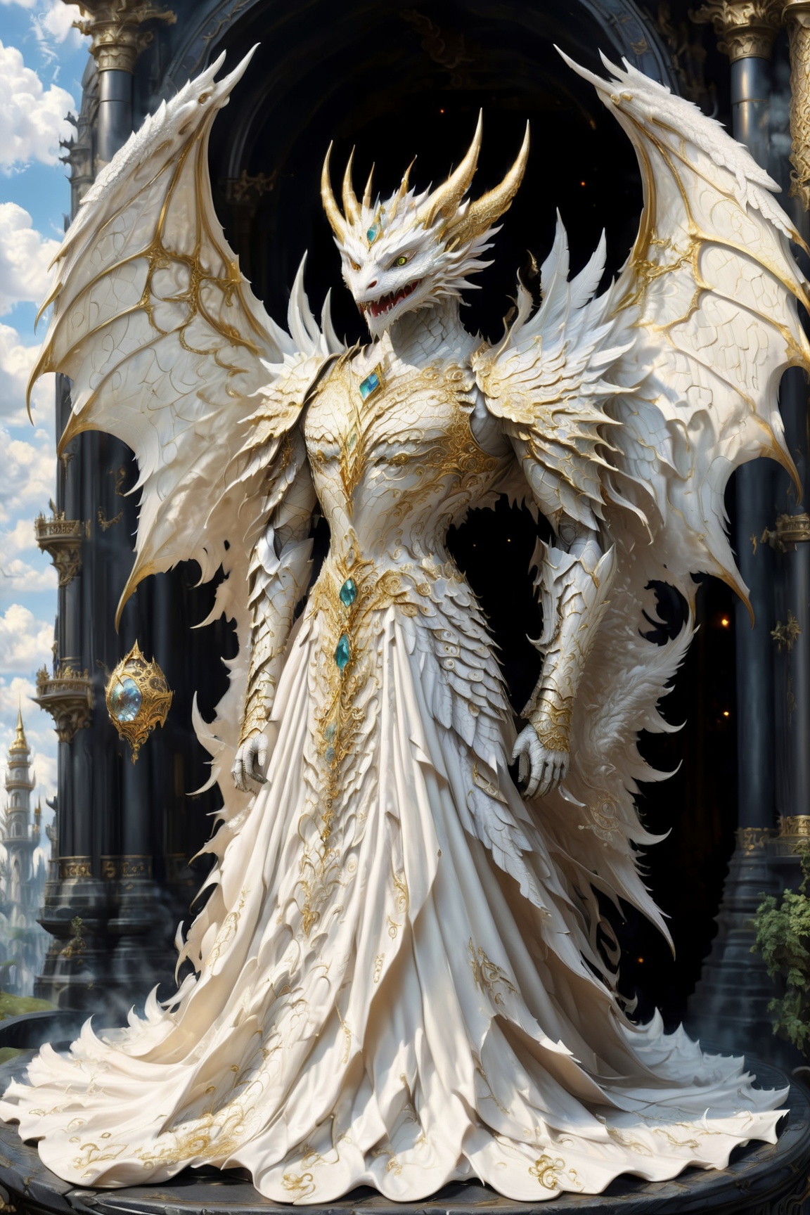 Dragon inspired dress,  Fluffy White Angel male perched upon golden bejeweled tower in a heavenly utopian city,  huge feat...