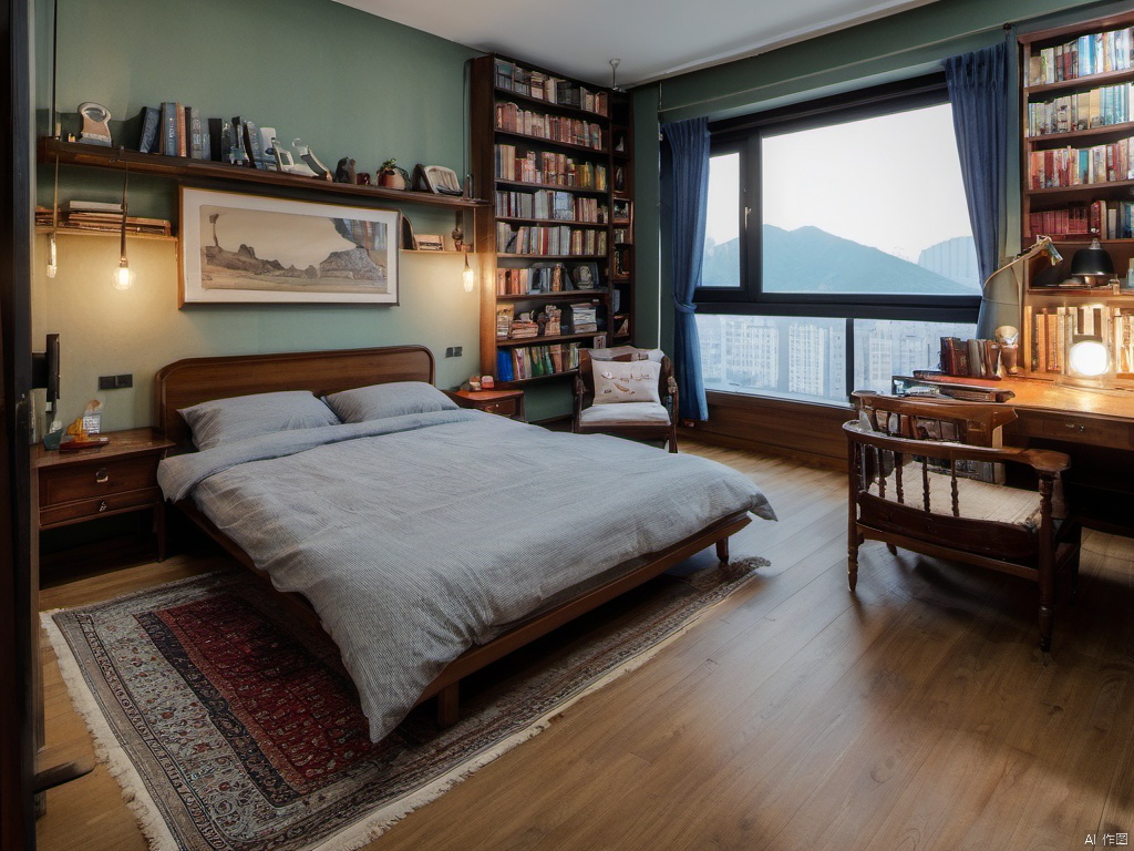secai, bed, no humans, curtains, scenery, indoors, window, pillow, bedroom, book, bookshelf, lamp, table, chair, shelf, blanket, wooden floor