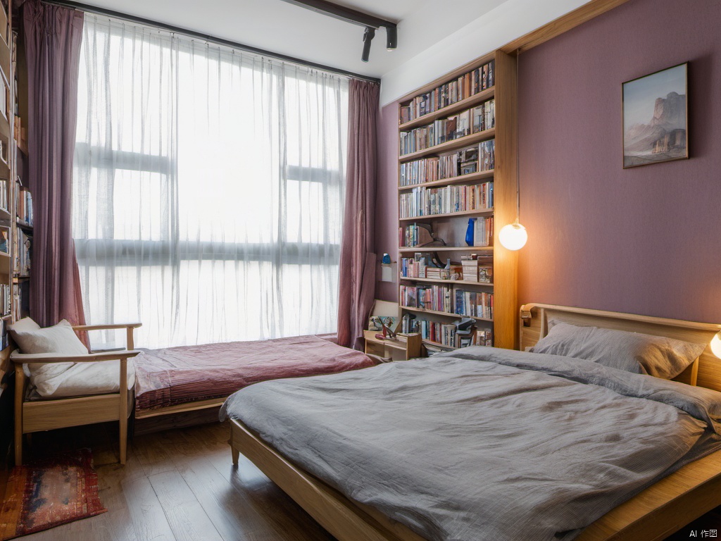 secai, bed, no humans, curtains, scenery, indoors, window, pillow, bedroom, book, bookshelf, lamp, table, chair, shelf, blanket, wooden floor