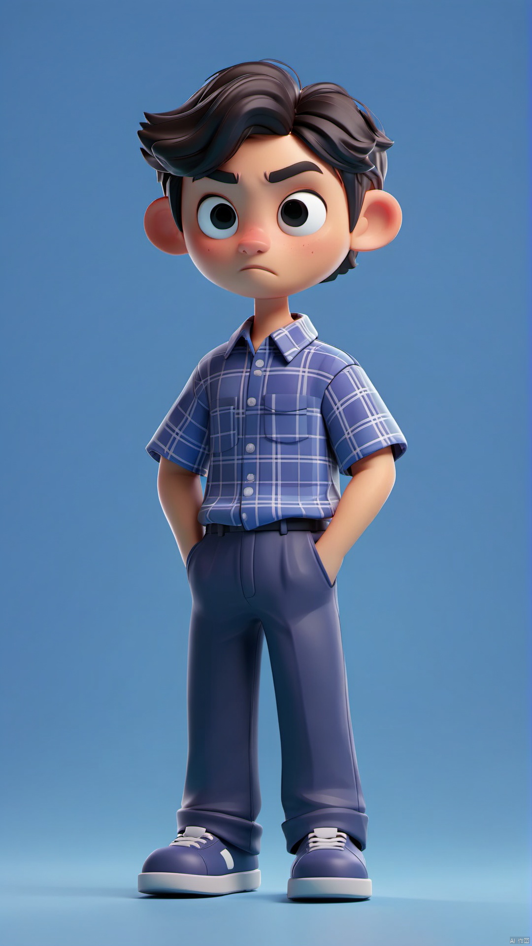  Asian illustration, full body,round face, （A male programmer in a checked shirt with a computer in his hand, ）white background, hd mod, glowwave, simple, clays, 3d, blender, oc render, in by pop mart, blind box toy, c4d, Disney Style