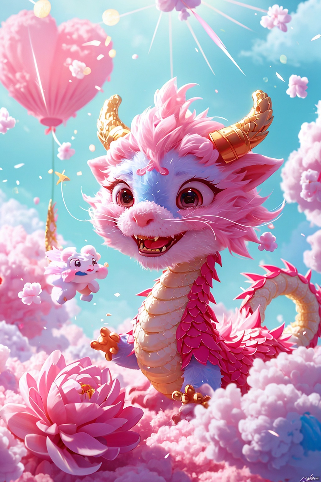 Masterpiece, high-quality, Pixar animated style, a cute Chinese dragon, cape, with a brilliant smile. Cotton candy material, its tail is like a cloud, and a rainbow cloud floats on its head. Pink flowers, pink sky, soft light, POV perspective, rich details, realistic details, light blue or light red, strong close-up, surrealistic illustrations,

