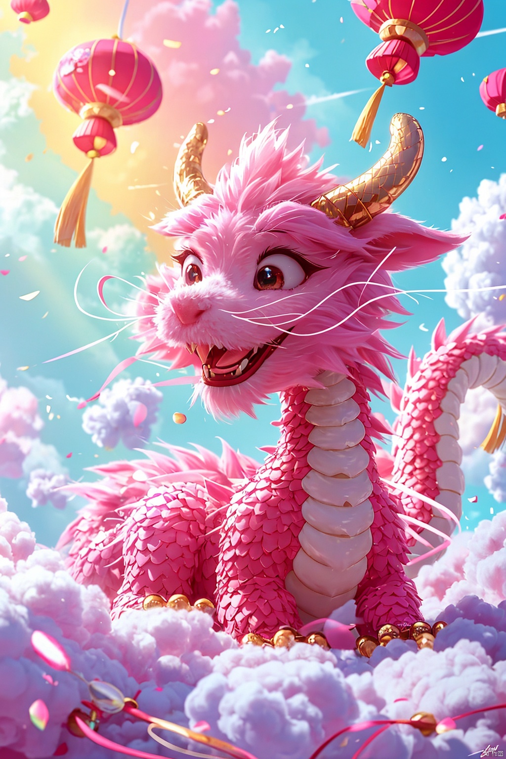 Masterpiece, high-quality, Pixar animated style, a cute Chinese dragon, cape, with a brilliant smile. Cotton candy material, its tail is like a cloud, and a rainbow cloud floats on its head. Pink flowers, pink sky, soft light, POV perspective, rich details, realistic details, light blue or light red, strong close-up, surrealistic illustrations,

