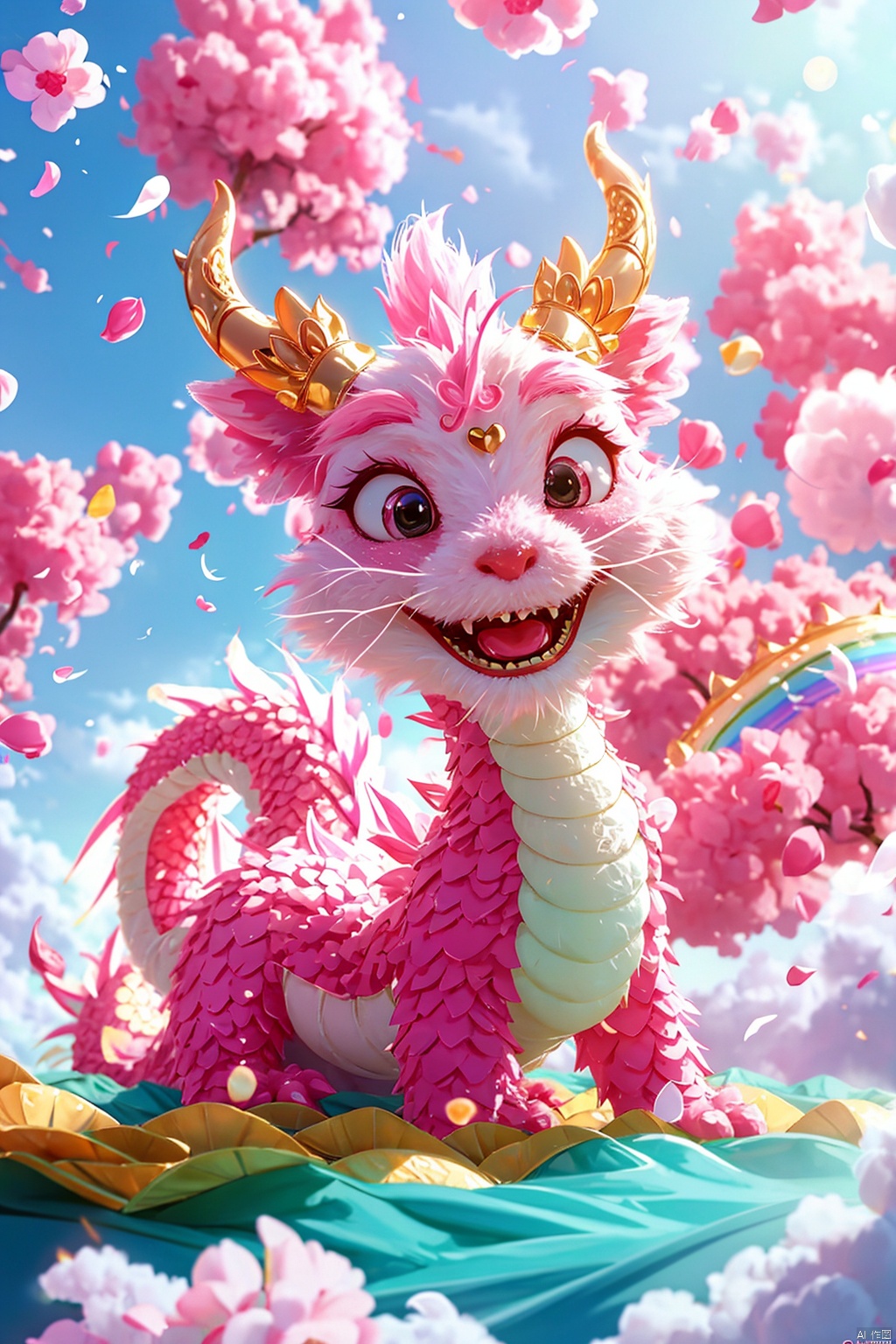 Masterpiece, high-quality, Pixar animated style, a cute Chinese dragon, cape, with a brilliant smile. Cotton candy material, its tail is like a cloud, and a rainbow cloud floats on its head. Pink flowers, pink sky, soft light, POV perspective, rich details, realistic details, light blue or light red, strong close-up, surrealistic illustrations,

