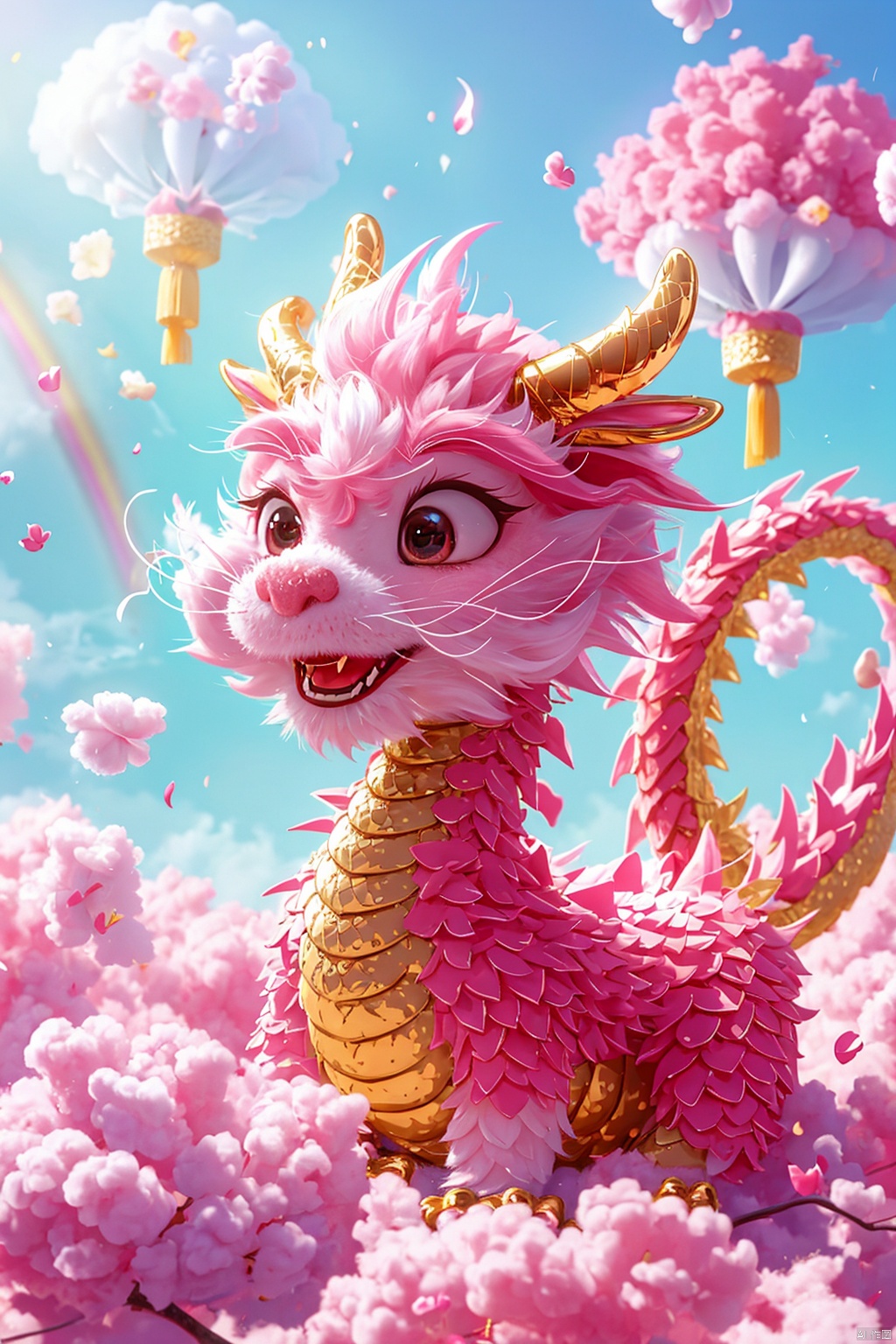 Masterpiece, high-quality, Pixar animated style, a cute Chinese dragon, cape, with a brilliant smile. Cotton candy material, its tail is like a cloud, and a rainbow cloud floats on its head. Pink flowers, pink sky, soft light, POV perspective, rich details, realistic details, light blue or light red, strong close-up, surrealistic illustrations,

