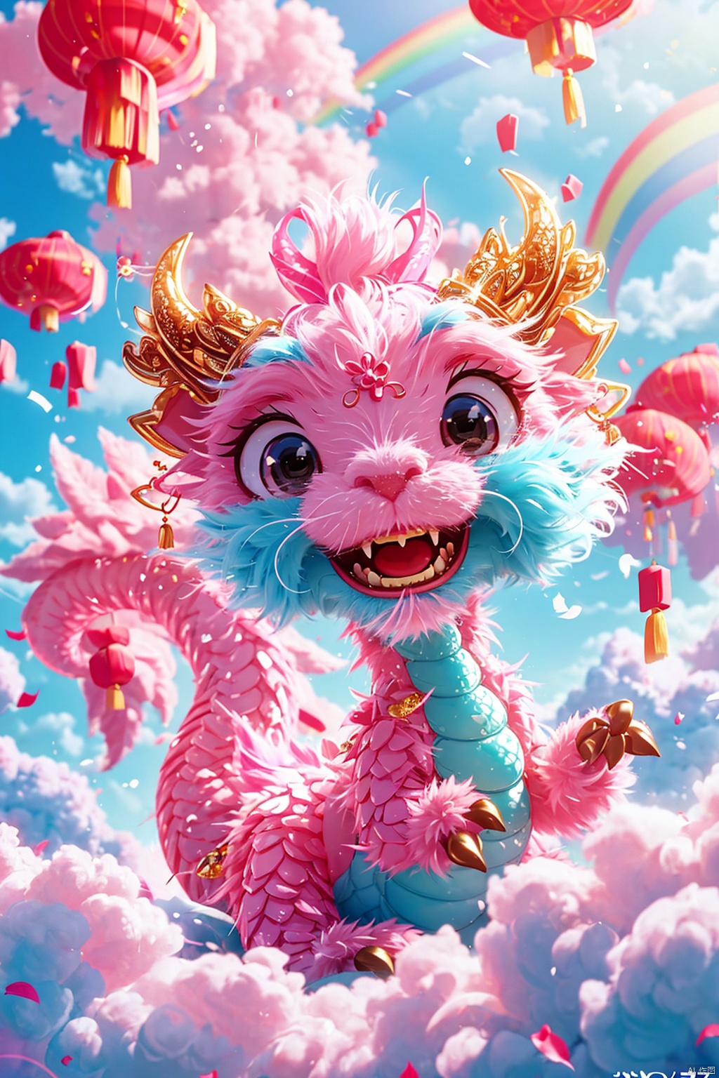 Masterpiece, high-quality, Pixar animated style, a cute Chinese dragon, cape, with a brilliant smile. Cotton candy material, its tail is like a cloud, and a rainbow cloud floats on its head. Pink flowers, pink sky, soft light, POV perspective, rich details, realistic details, light blue or light red, strong close-up, surrealistic illustrations,

