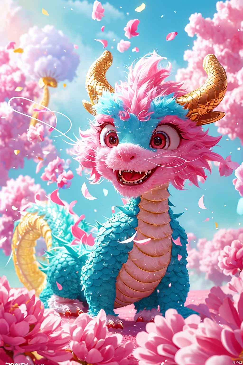 Masterpiece, high-quality, Pixar animated style, a cute Chinese dragon, cape, with a brilliant smile. Cotton candy material, its tail is like a cloud, and a rainbow cloud floats on its head. Pink flowers, pink sky, soft light, POV perspective, rich details, realistic details, light blue or light red, strong close-up, surrealistic illustrations,

