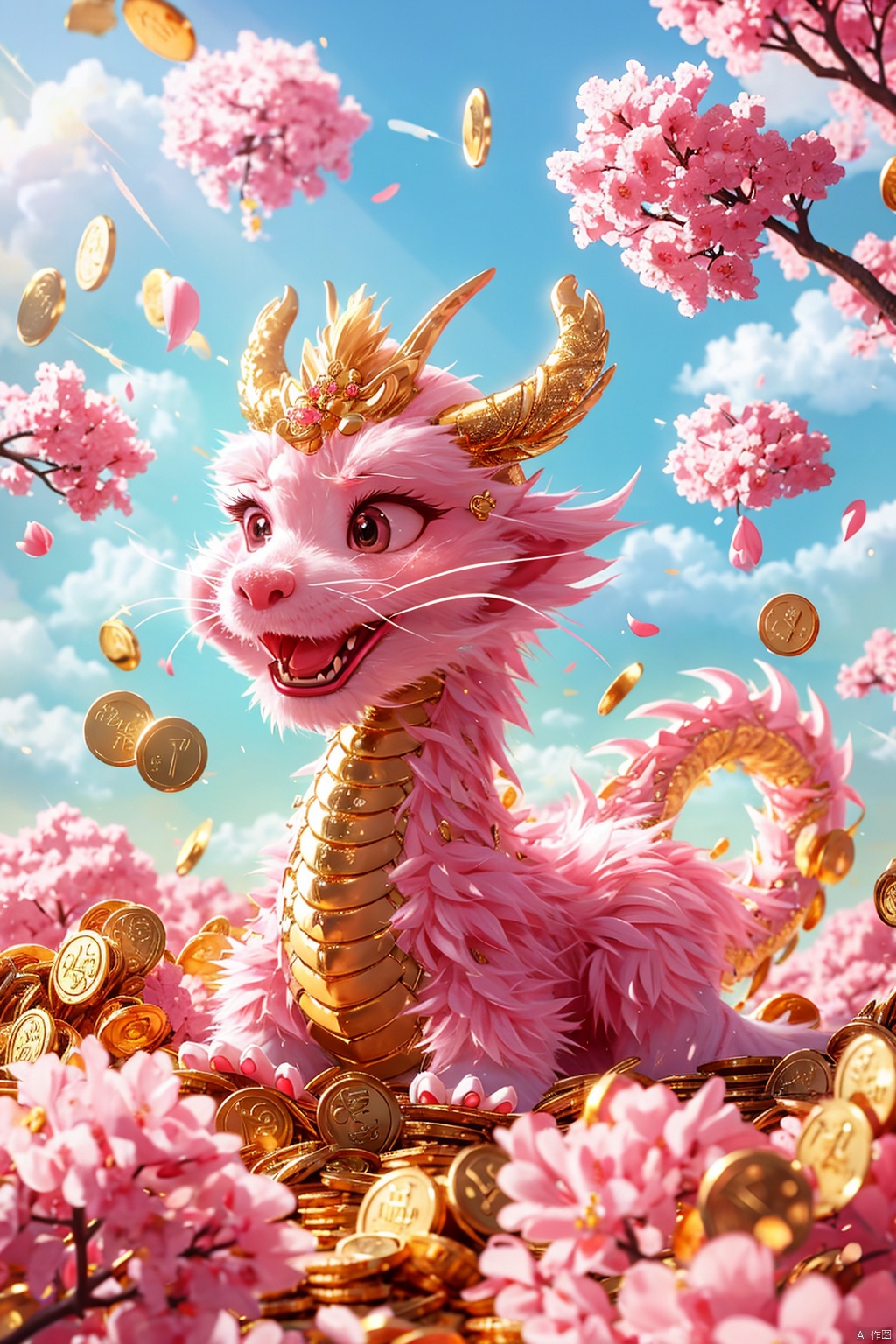 Masterpiece, high-quality, Pixar animated style, a cute Chinese dragon, scattered with gold coins, surrounded by gold coins, with a bright smile, white clouds. Sakura tree, cherry blossoms, pink sky, soft light, looking up, rich details, realistic details, light blue or light red, strong close-up, surrealistic illustrations,

