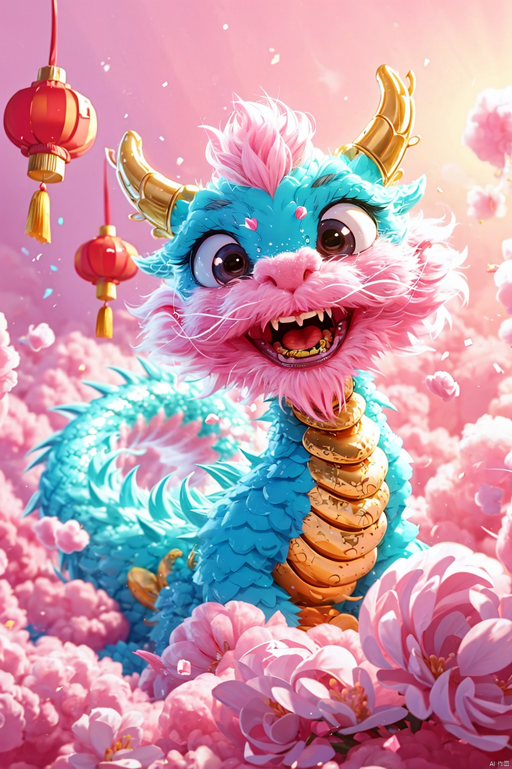  Masterpiece, high-quality, Pixar animation style, Lunar New Year, pink background, made of cotton candy material, a cute Chinese dragon in blue and pink, with a big smile. Its tail is like a cloud, and it has a rainbow cloud on its head. Pink flowers, sky, gentle light, POV perspective, rich details, realistic details, blue or light red, intense close-up, surrealistic illustrations, Chinese dragon