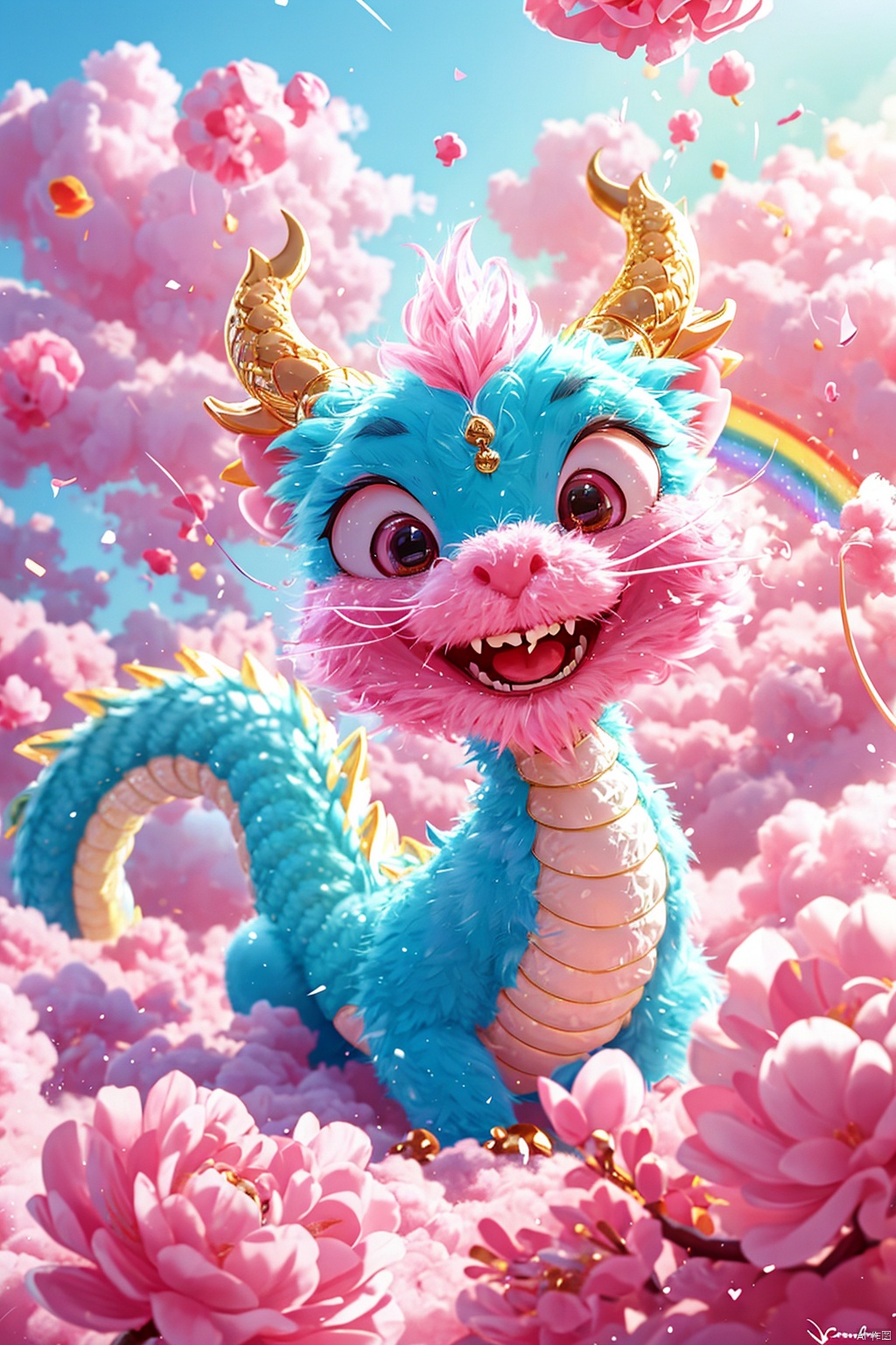 Masterpiece, high-quality, Pixar animated style, a cute Chinese dragon, cape, with a brilliant smile. Cotton candy material, its tail is like a cloud, and a rainbow cloud floats on its head. Pink flowers, pink sky, soft light, POV perspective, rich details, realistic details, light blue or light red, strong close-up, surrealistic illustrations,

