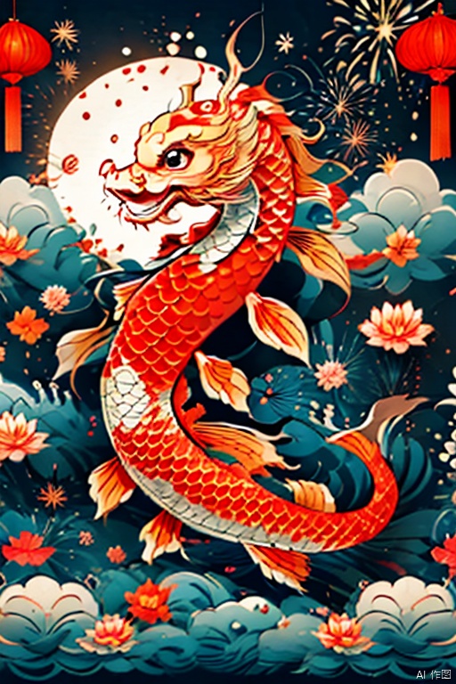 Koi fish surround cute chinese dragon, firework background,Chinese new year decoration（（（masterpiece）））, （（best quality））, , （（Surrealism））（8k）