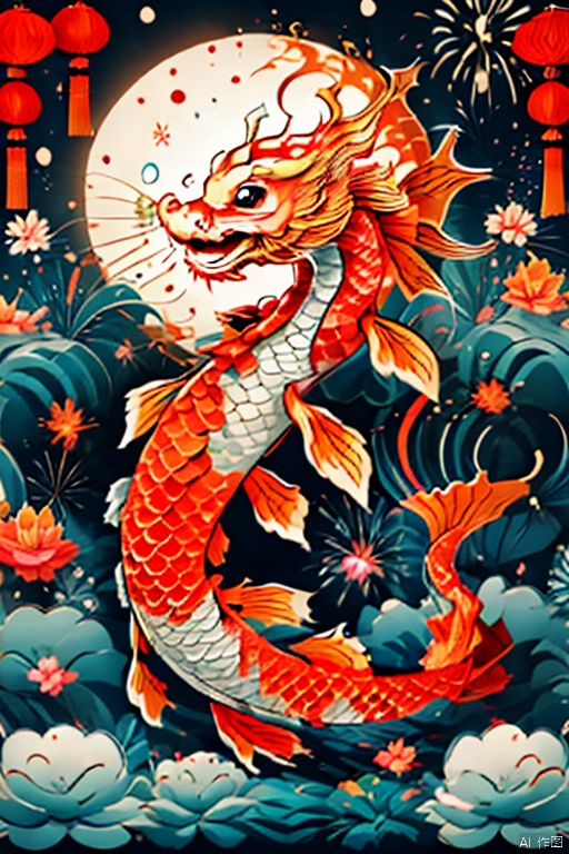 Koi fish surround cute chinese dragon, firework background,Chinese new year decoration（（（masterpiece）））, （（best quality））, , （（Surrealism））（8k）